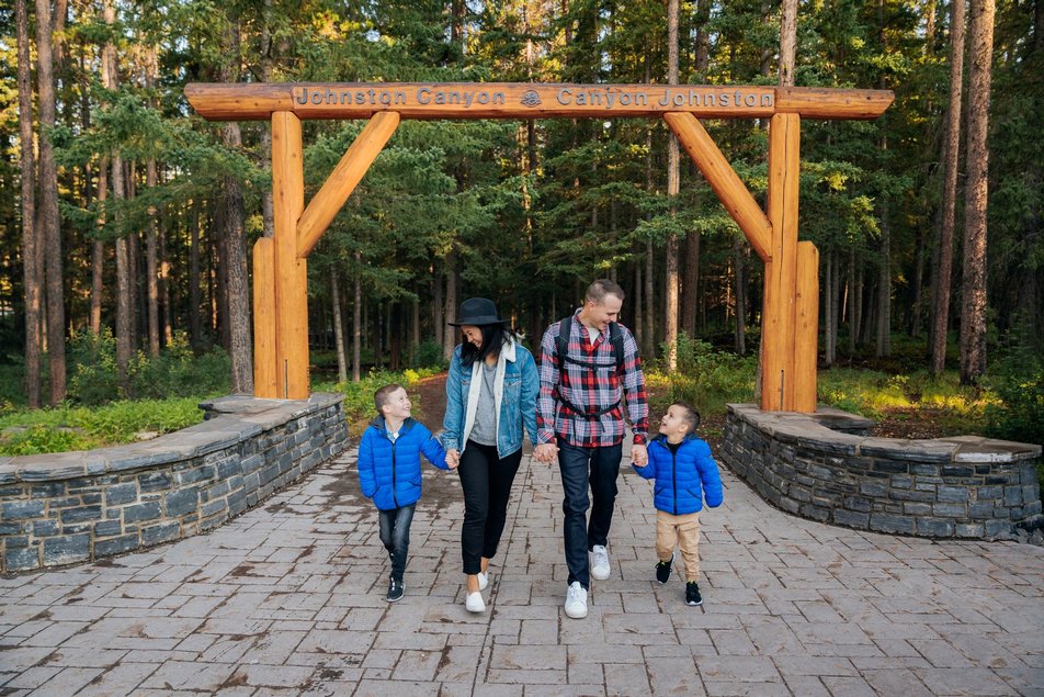 family exploring Johnston Canyon in Banff National Park