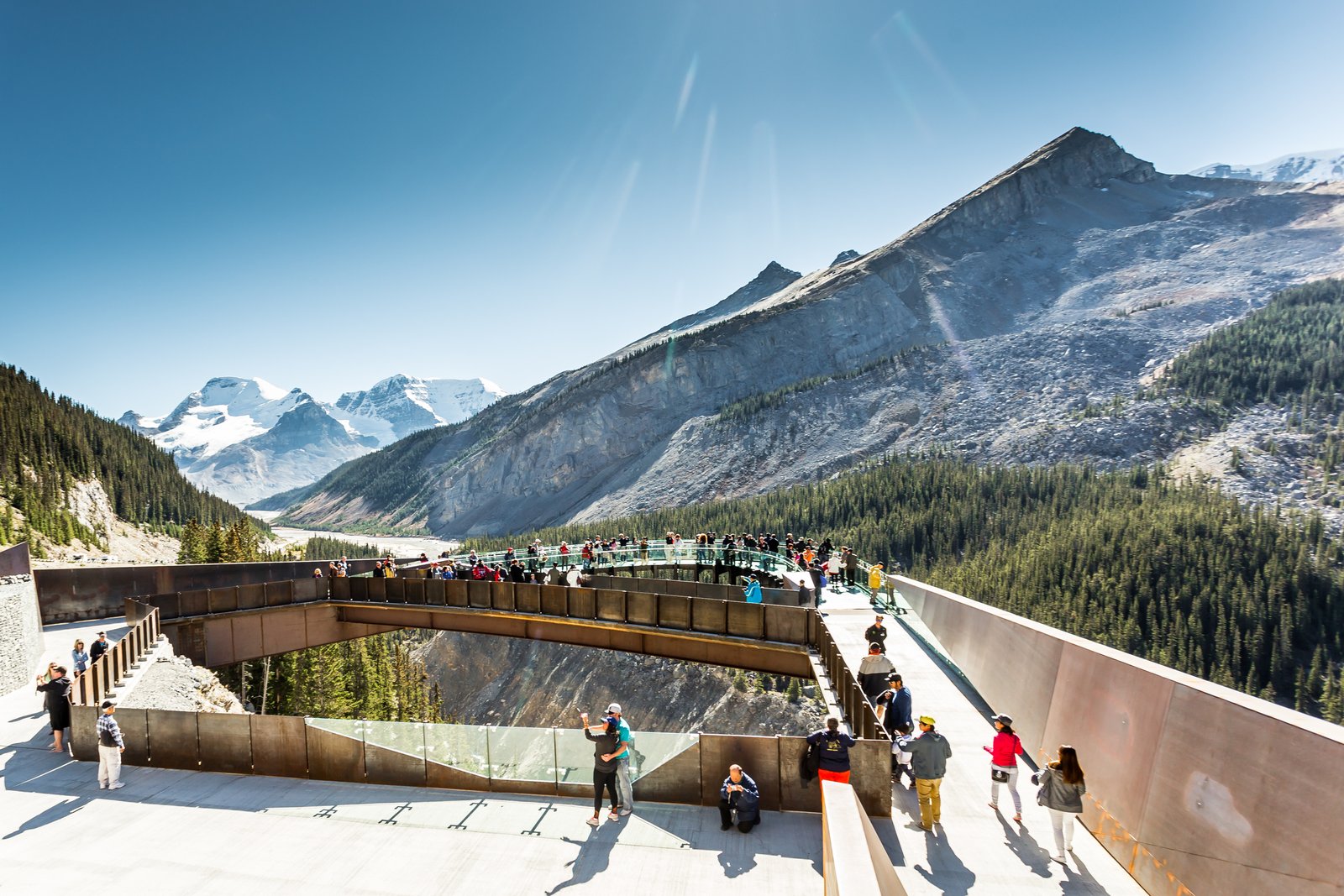 People walking along the Glacier Skywalk Experience at the Columbia Ice field on the Ice fields Parkway