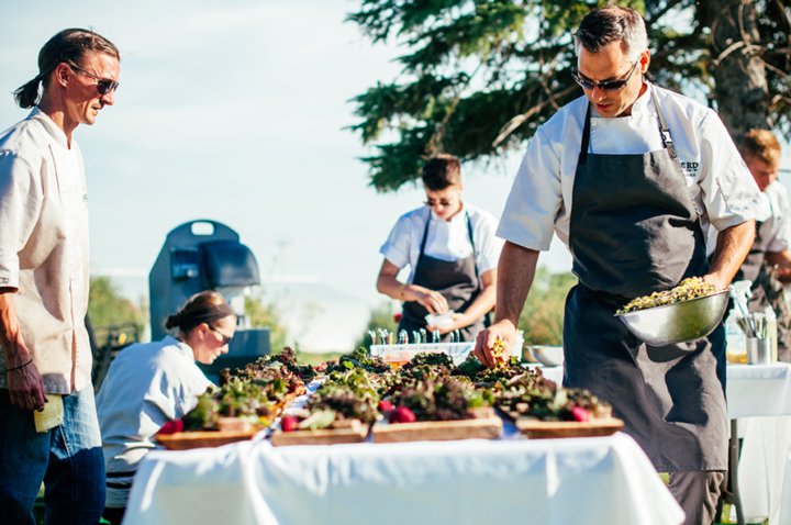 Chefs serving food outdoors at a long table dinner in the Riverbend neighborhood in Edmonton.