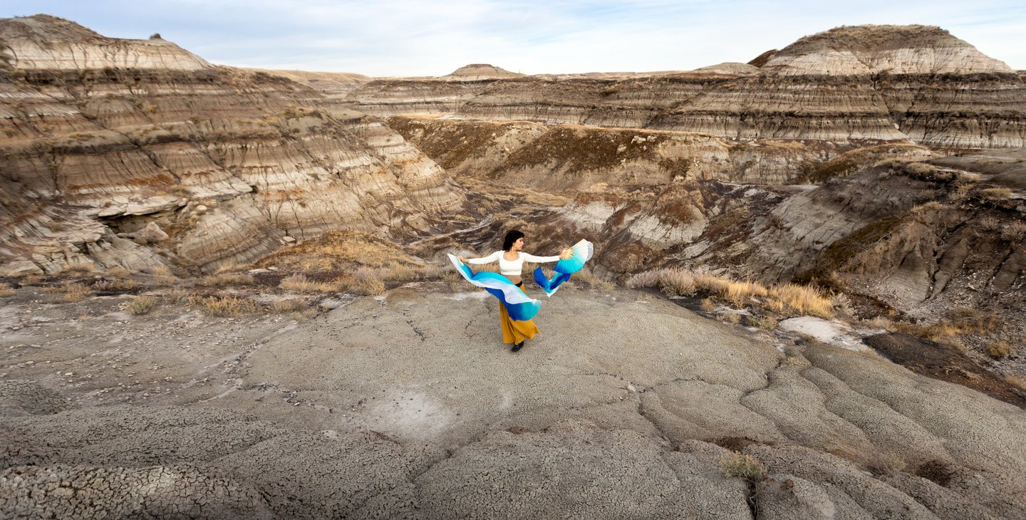 An Indigenous dancer at the Badlands Amphitheatre in Drumheller.