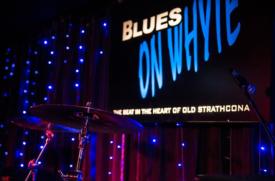 A drum set on stage at Blues on Whyte in Edmonton.