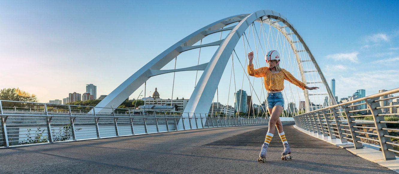 Person rollerskating on the Walterdale Bridge in Edmonton.