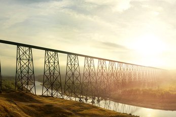 The High Level Bridge spanning the Old Man River Valley near Lethbridge at sunset.