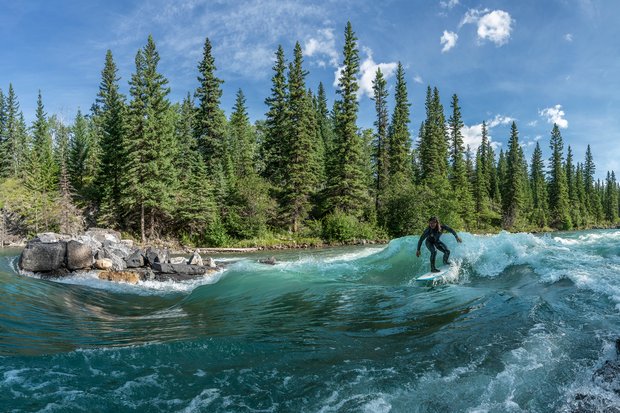 Someone river surfing through waves of a river with a forest in the background.