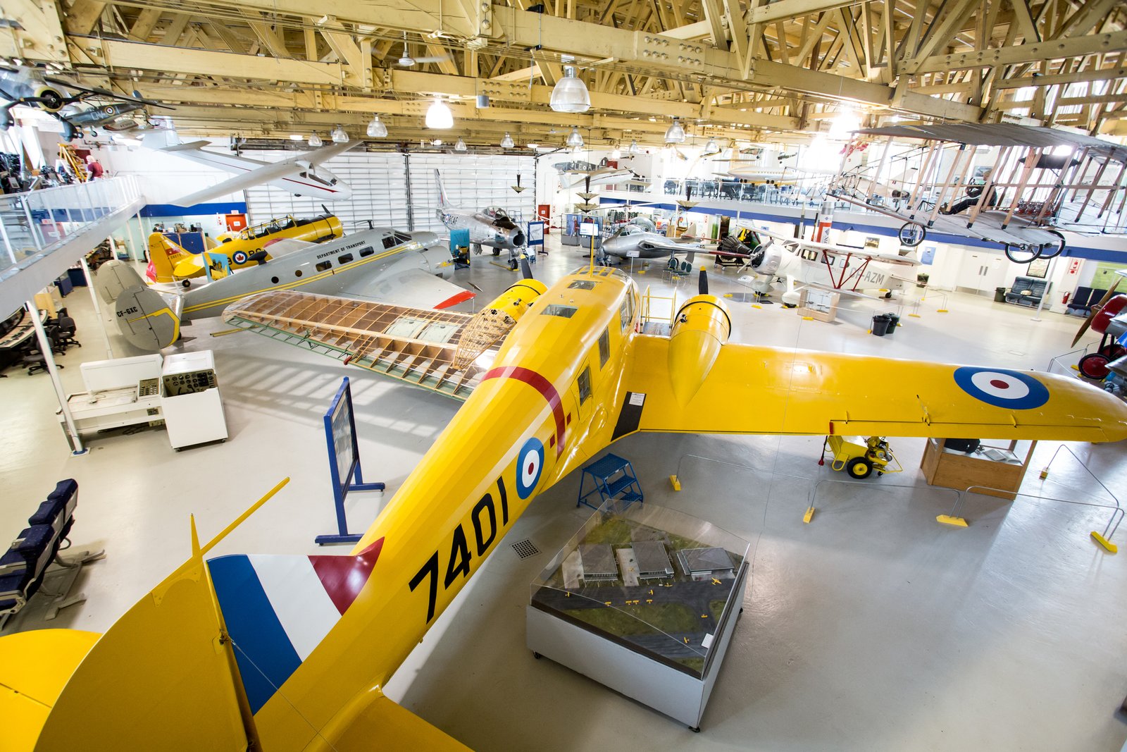 View from above an aircraft on display in a hanger at a Aero Space Museum.