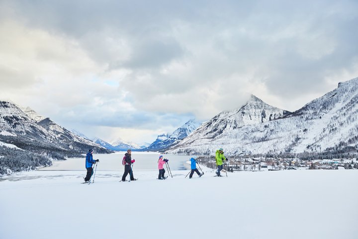 Family enjoying a guided snowshoe tour with Dark Sky Guides.