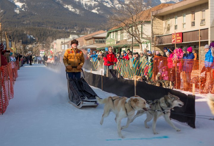 Spectators watching the dog sledding race through a town street.