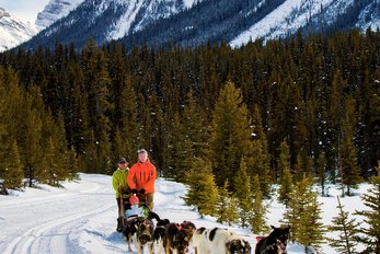 A couple and guide on a dog sledding tour with mountains and a forest in the background.