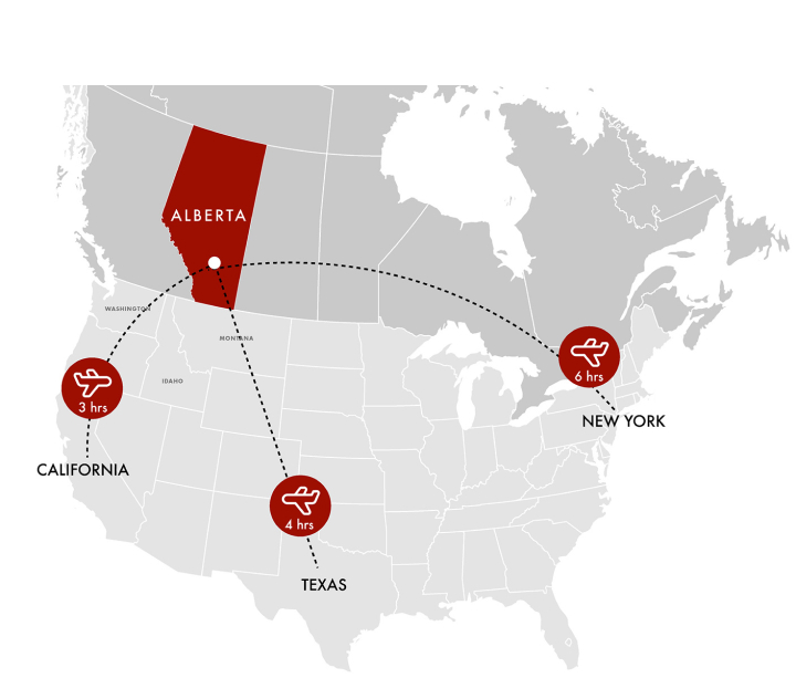 A map highlighting the flight times to Alberta from California, Texas, and New York.