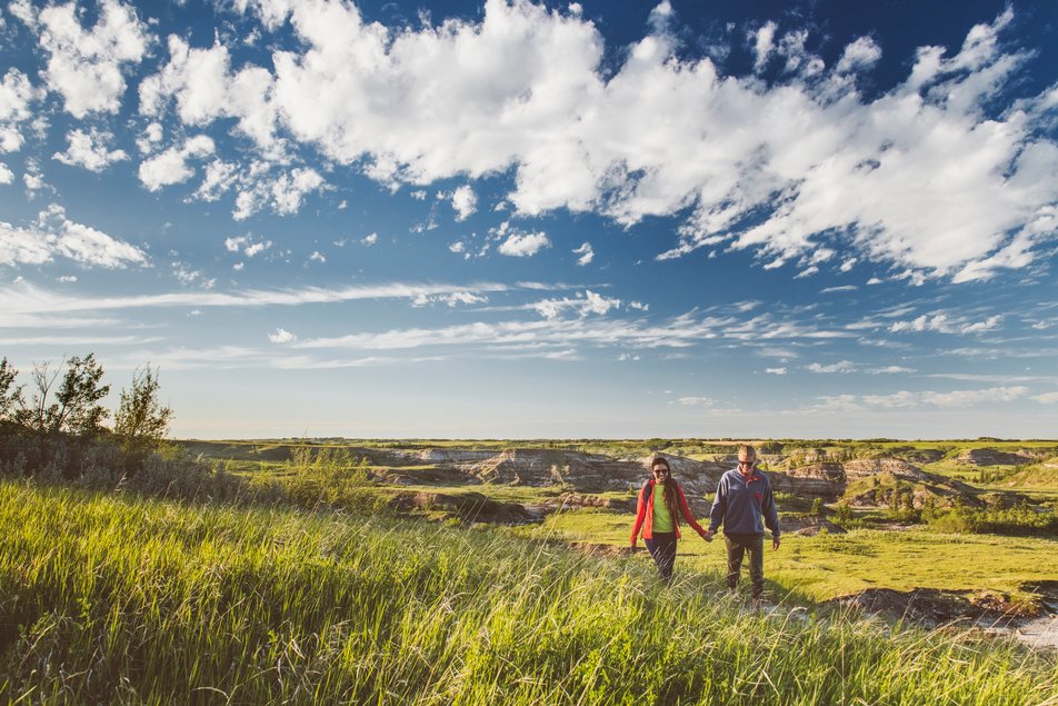 Couple hiking through Canadian Badlands