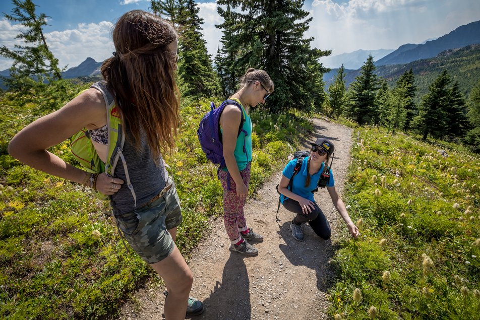 A guide speaks to two women while hiking along a trail in Sunshine Meadows in Banff National Park.