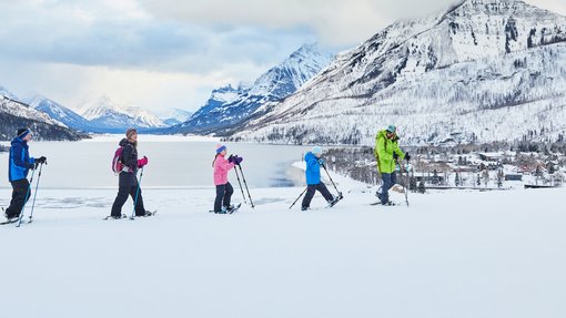 A family of two parents and two children following a guide on a snowshoe tour across a snow covered valley in the mountains.