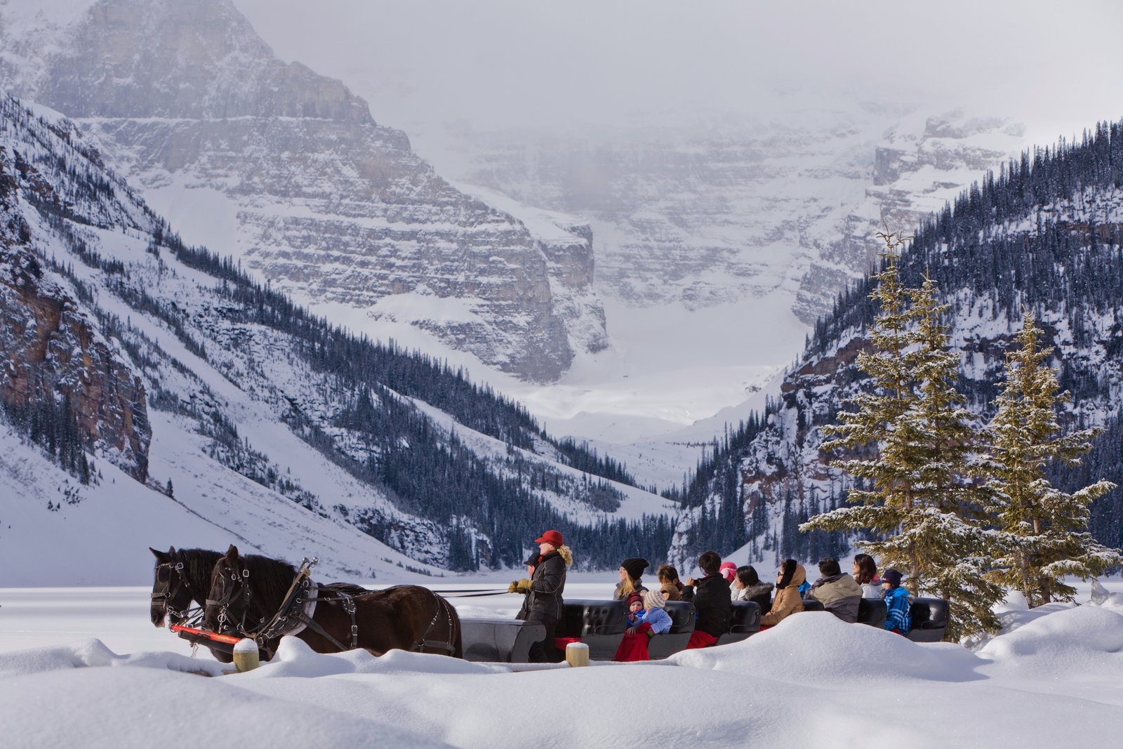 A group of people on a winter's day enjoying a horse drawn sleigh ride with mountains in the background.