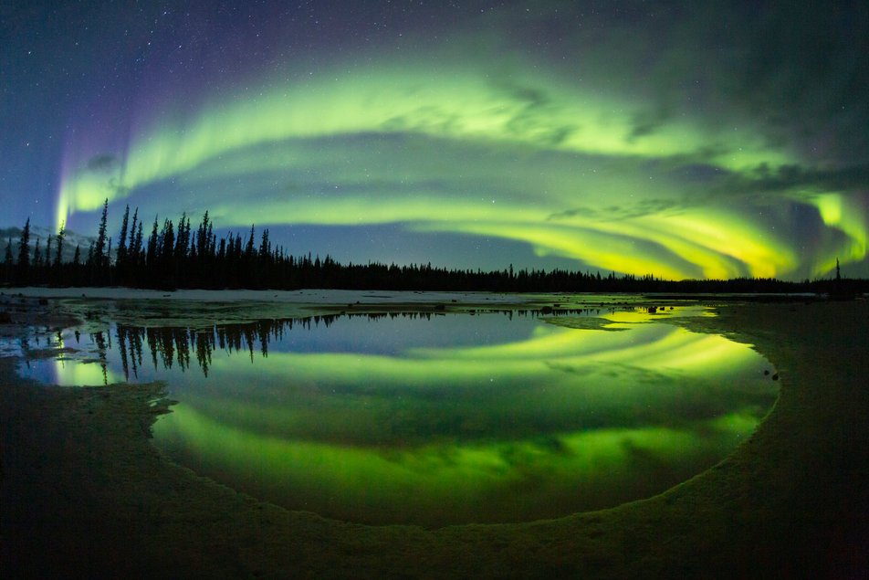 A night-sky image of the aurora borealis in Wood Buffalo National Park