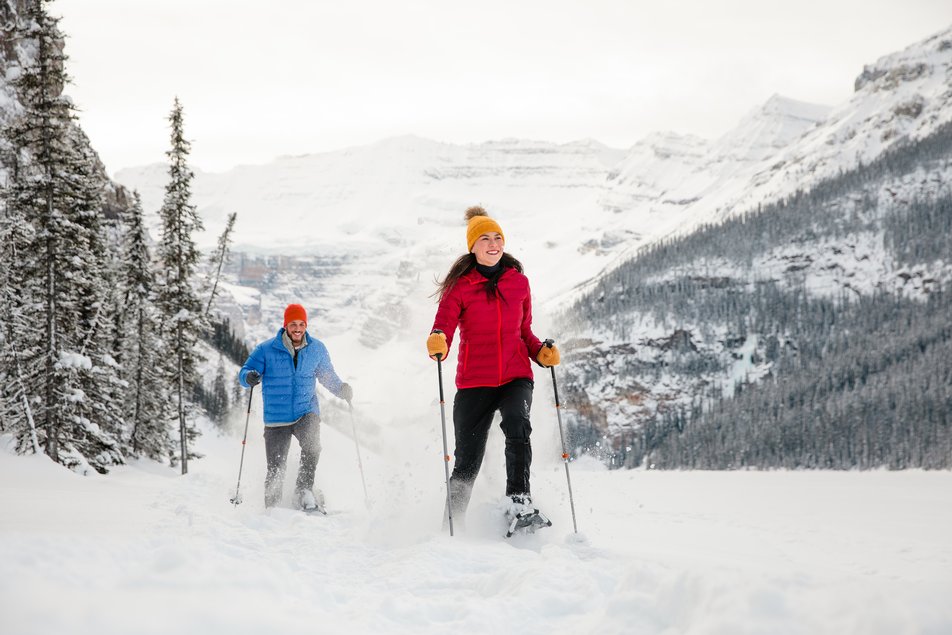 Couple snowshoeing in Banff National Park