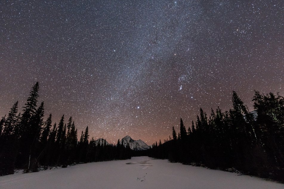 Countless stars fill a night sky near the Rocky Mountains. A snowy clearing in the foreground is edged by dark evergreen trees.