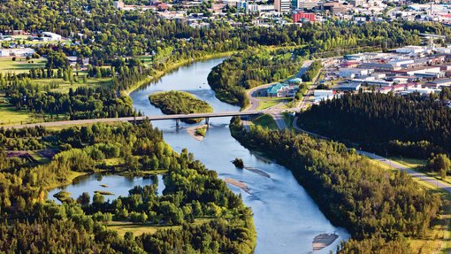 Aerial View of 67 Street Bridge, Gaetz Lakes Bird Sanctuary and Kerry Wood Nature Centre in Red Deer Alberta