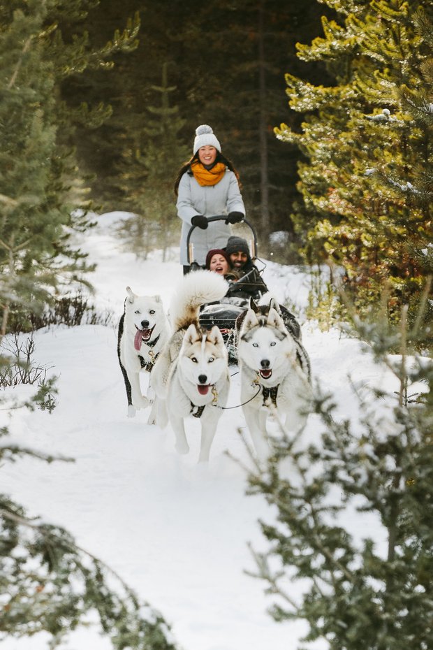 Family smiling on a sled dog tour through a wintery forest.