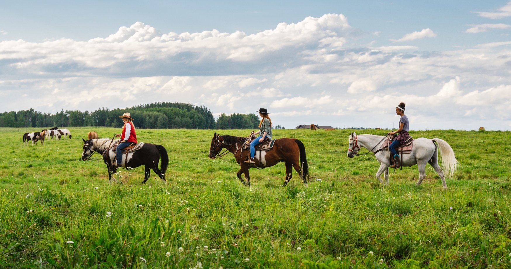 A group of people horseback riding in a green field at Wildhorse Ranch.