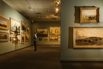 Woman looking at framed artwork at the Glenbow Museum in Calgary