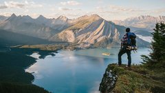 Hiker at Rawson Lake viewing Sarrail Ridge