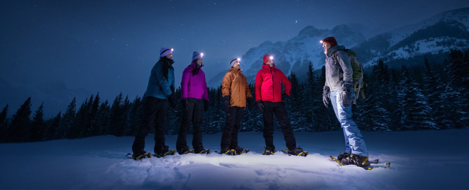 Four friends and a guide in snowshoes looking up at the night sky featuring the forest, mountains and stars.