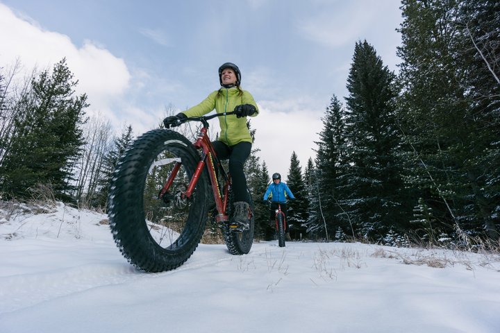 A ground level shot of people smiling and fatbiking through the trees on a snow covered path.