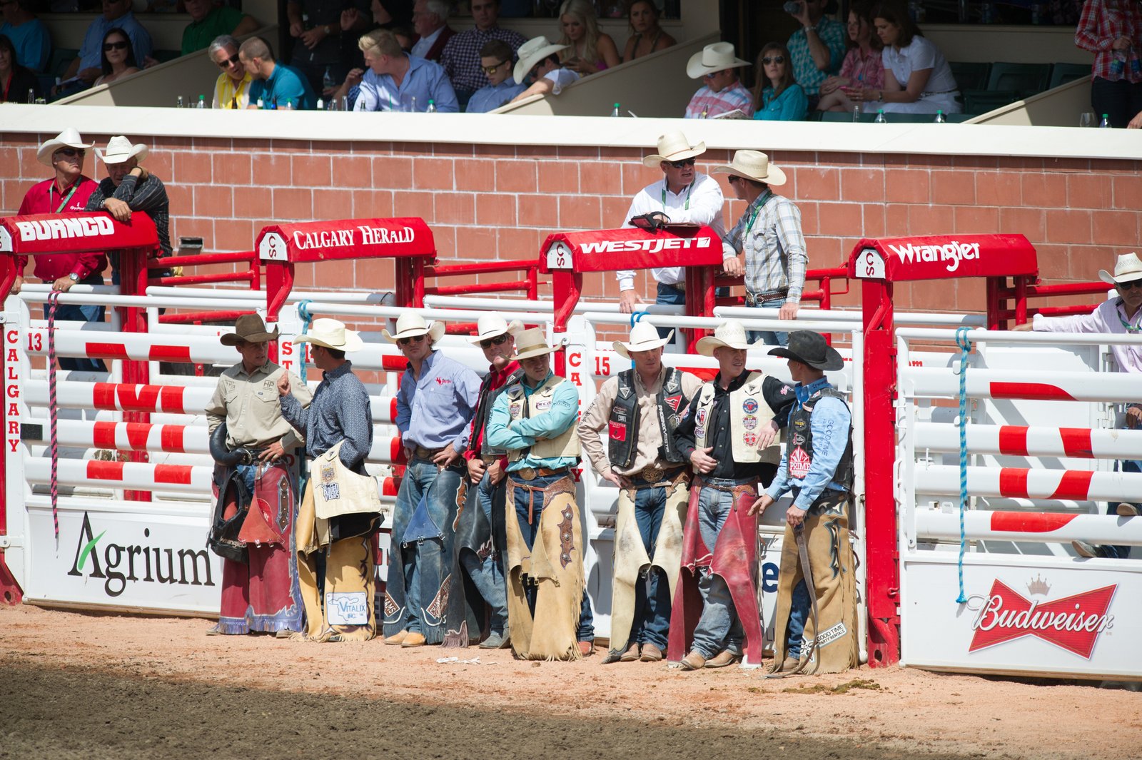 Cowboys standing against a fence at a Calgary Stampede Rodeo